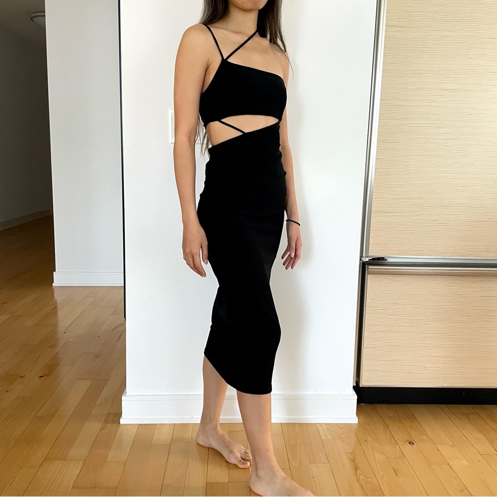 Zara black midi dress one shoulder asymmetrical